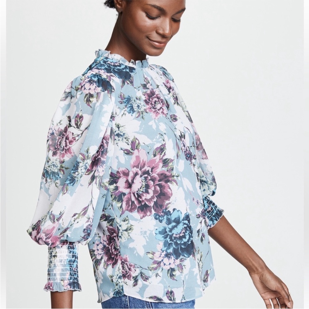 Amanda Uprichard • Blue Floral Puff Sleeve Top Helene Blouse Color Victoria Sz P - Picture 3 of 10